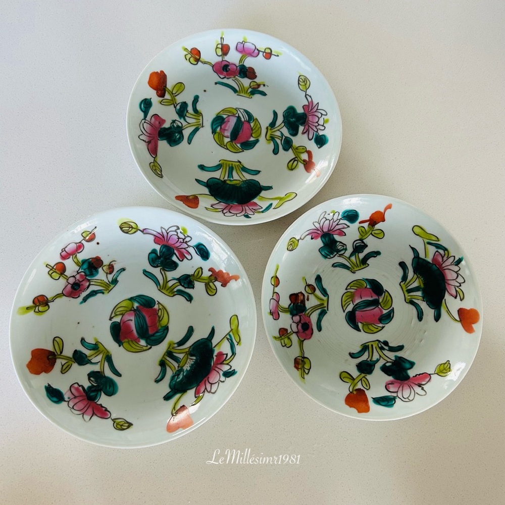 Antique Chinese Porcelain Plates Famille Rose Lotus Flower Peach Set of 3